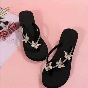 Rhinestone & Butterfly Decor Wedge Flip Flops